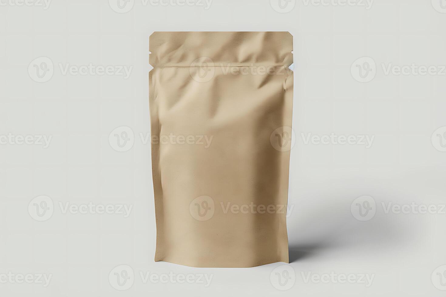 blank coffee brown kraft doypack mockup, isolated on light grey background with soft shadow under the bag photo