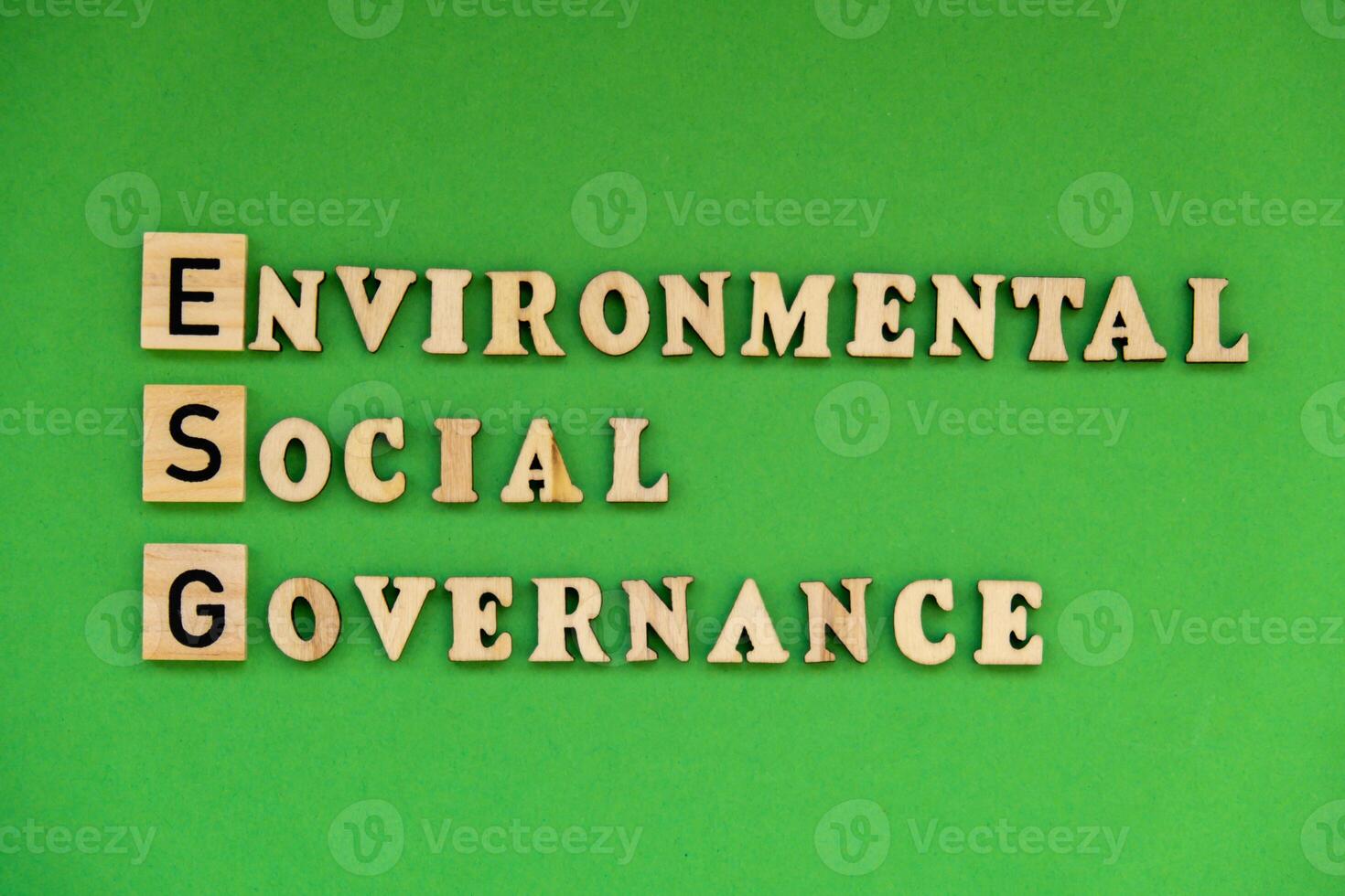 ESG inscription ENVIRONMENTAL SOCIAL GOVERNANCE investment business concept. Text on wooden block on green background. Society and corporate governance photo