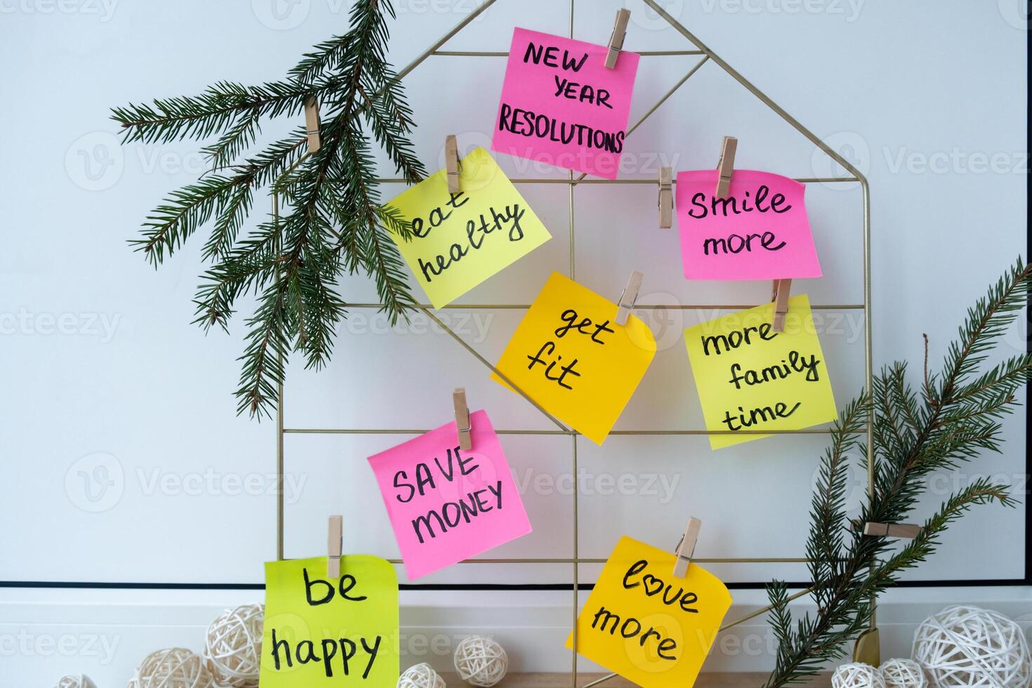 Vision board with new year resolutions aims goals on sticky notes. Preparation for New Year. Concept of planning and setting goals for personal development photo