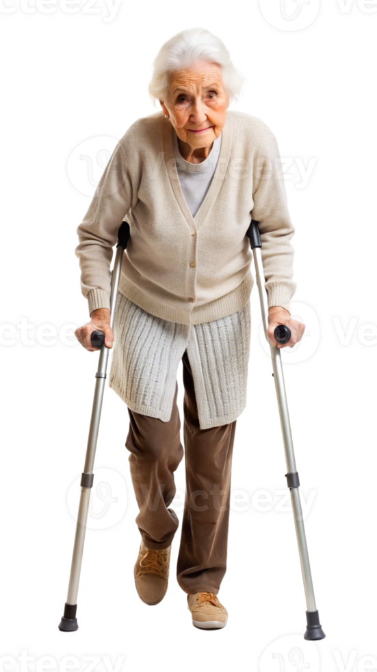 Elderly woman using crutches walking, symbol of mobility aid and rehabilitation assistance. png
