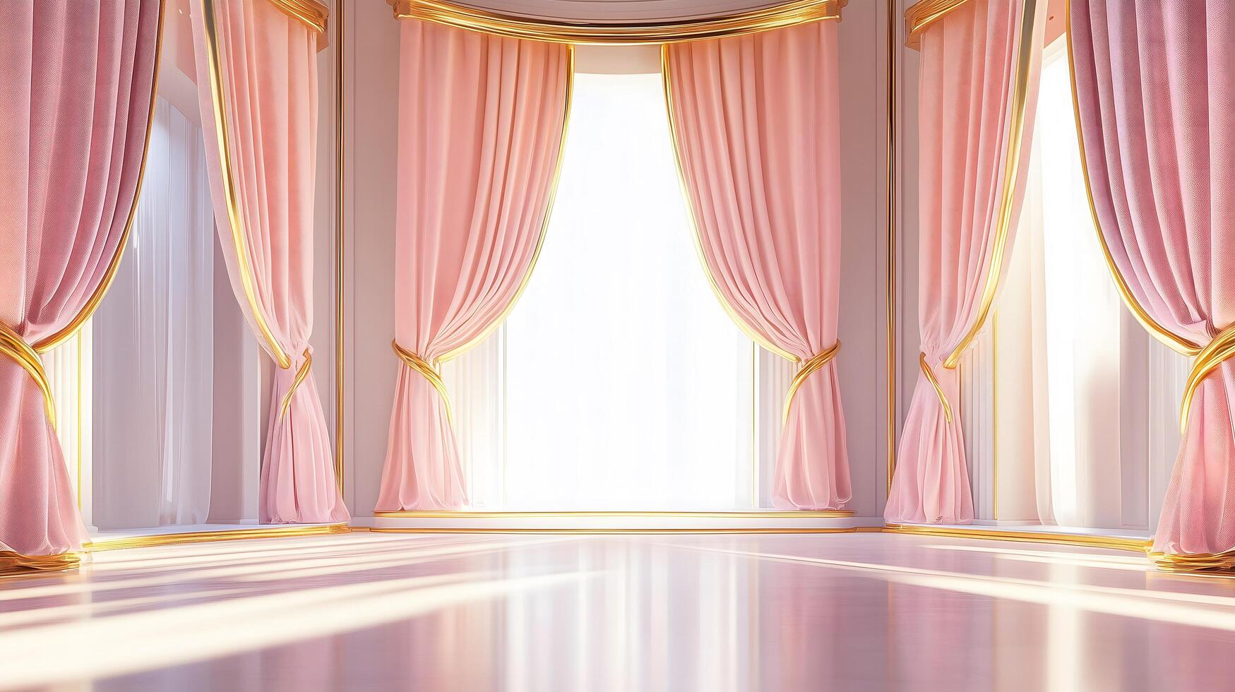 Golden Accents Luxurious Stage with Pink and Gold Curtains Opening to a Bright White Light Background photo