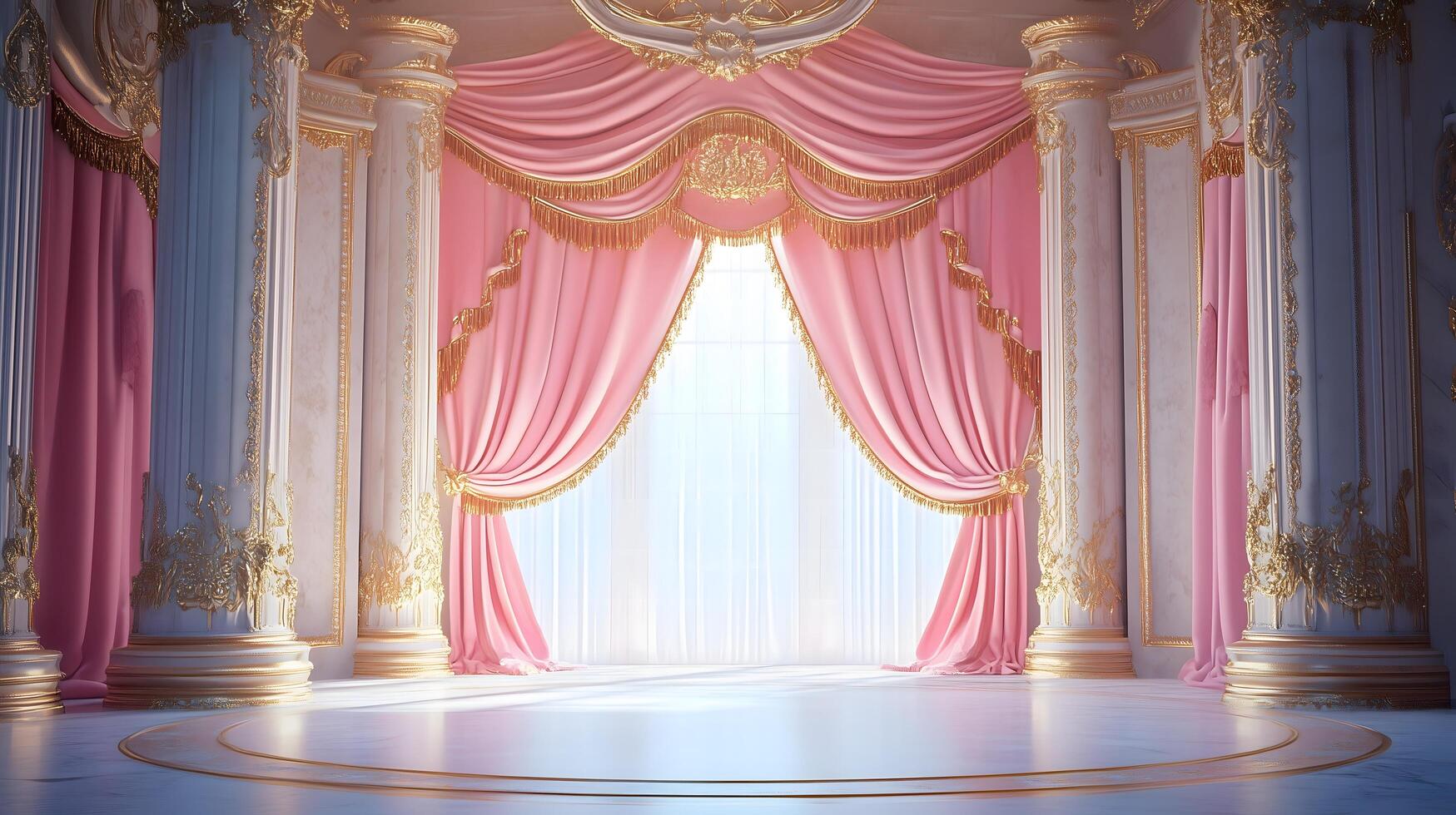 Elegant Entrance Luxurious Stage with Pink and Gold Curtains Framed in Golden Trim, Opening to Dazzling Light photo