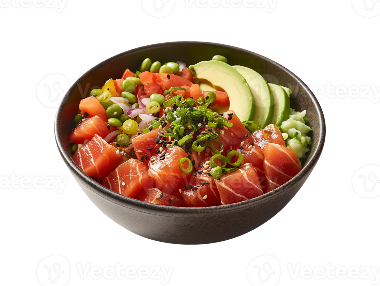 A bowl of sushi with salmon, avocado and green onions png