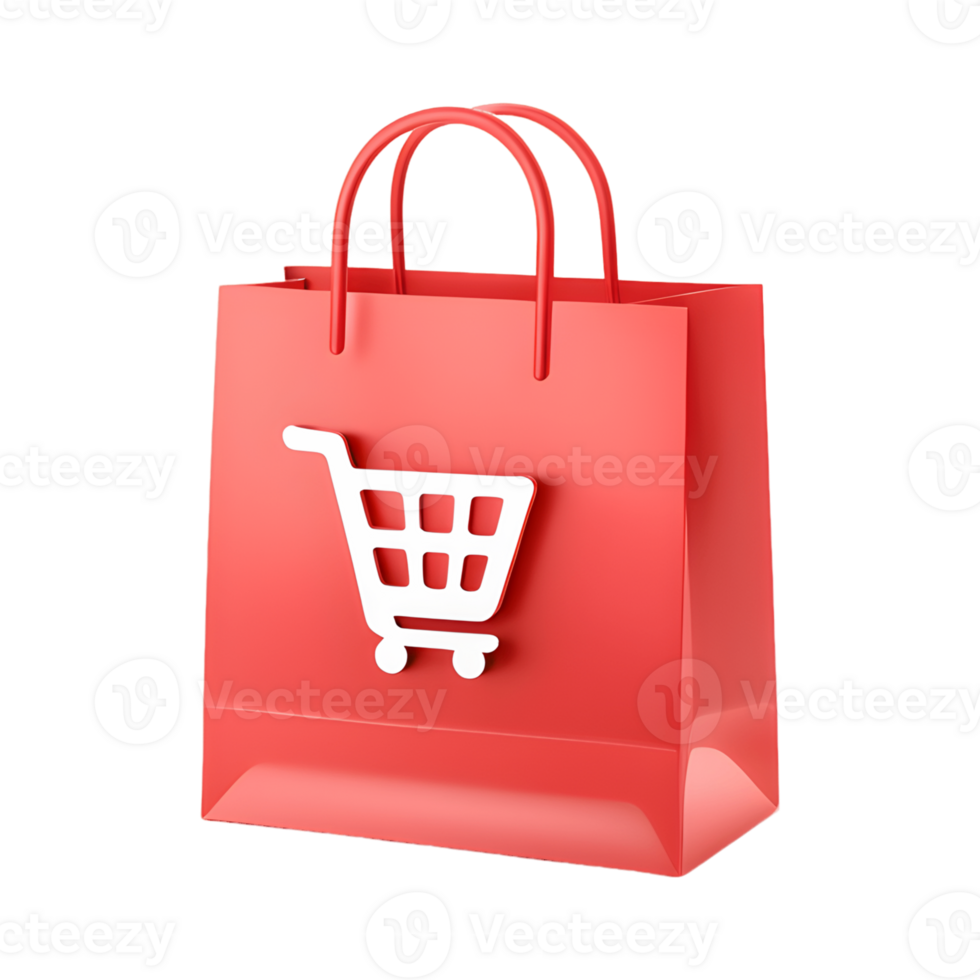 3D Shopping Bag Icon with Cart Symbol Isolated on Transparent Background png