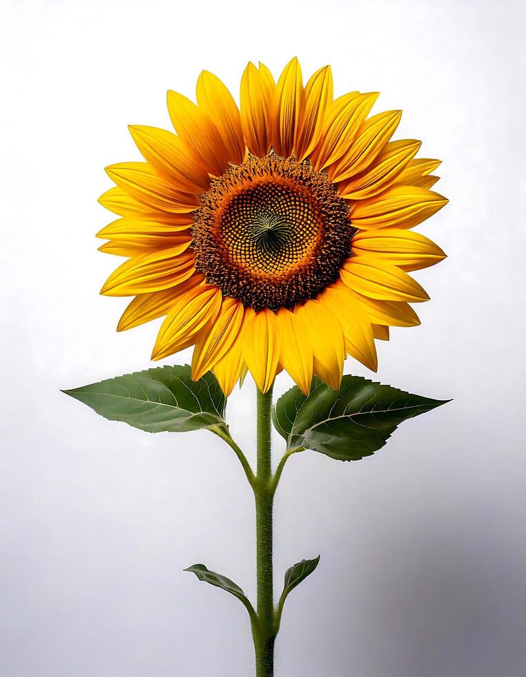 A single sunflower is shown against a white background photo