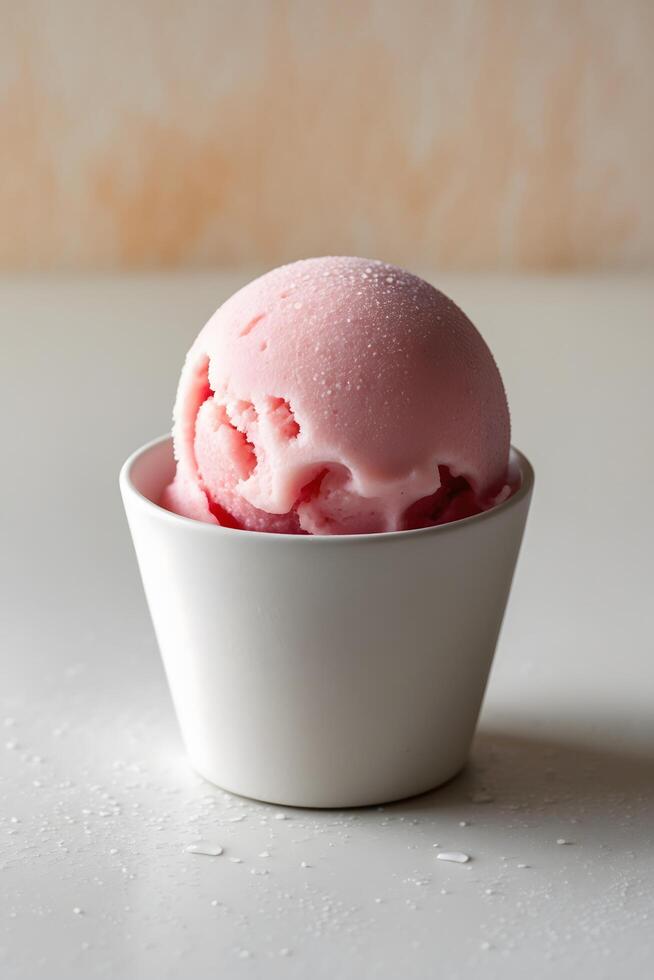 A Single Scoop of Pink Ice Cream in a White Bowl with Water Drops photo