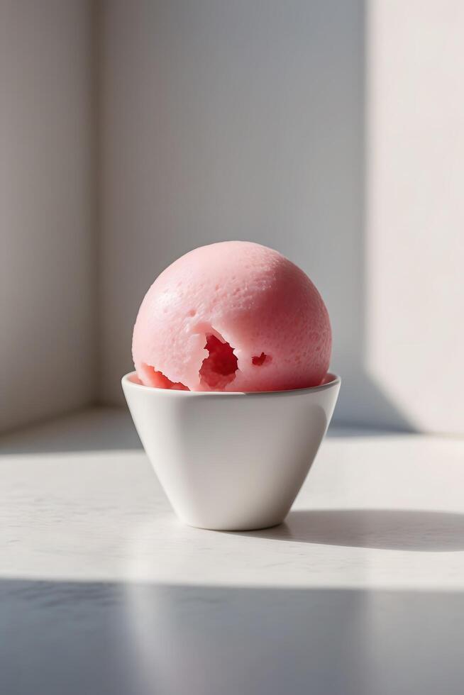 Pink Ice Cream in a White Bowl on a White Surface photo