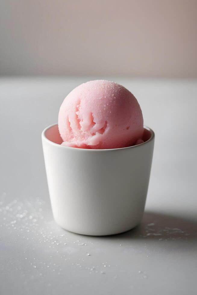 A Single Scoop of Pink Ice Cream in a White Bowl photo