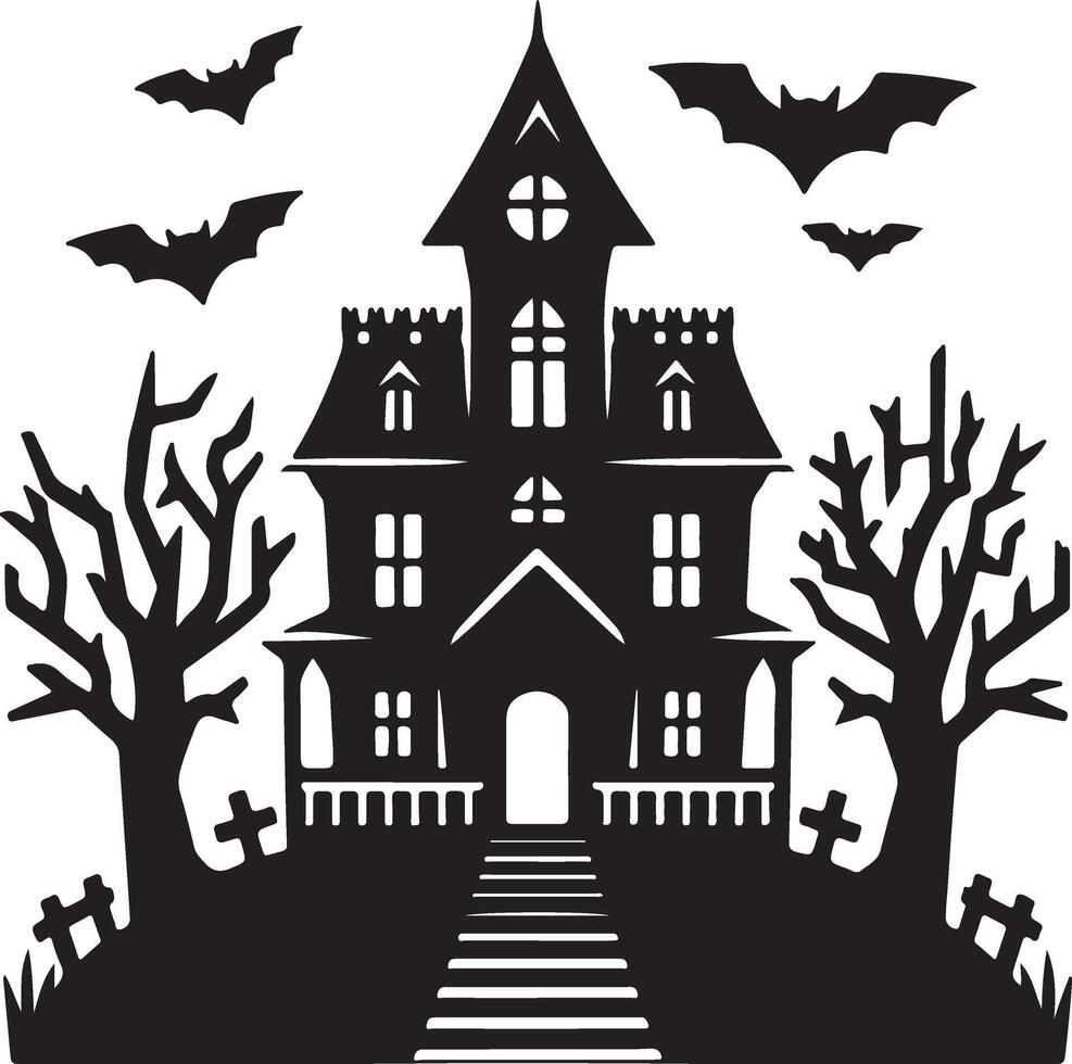 silhouette Spooky haunted House with Bat vector