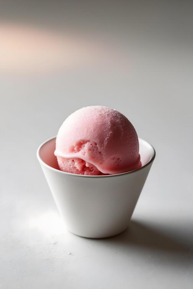 A Single Scoop of Pink Ice Cream in a White Bowl photo