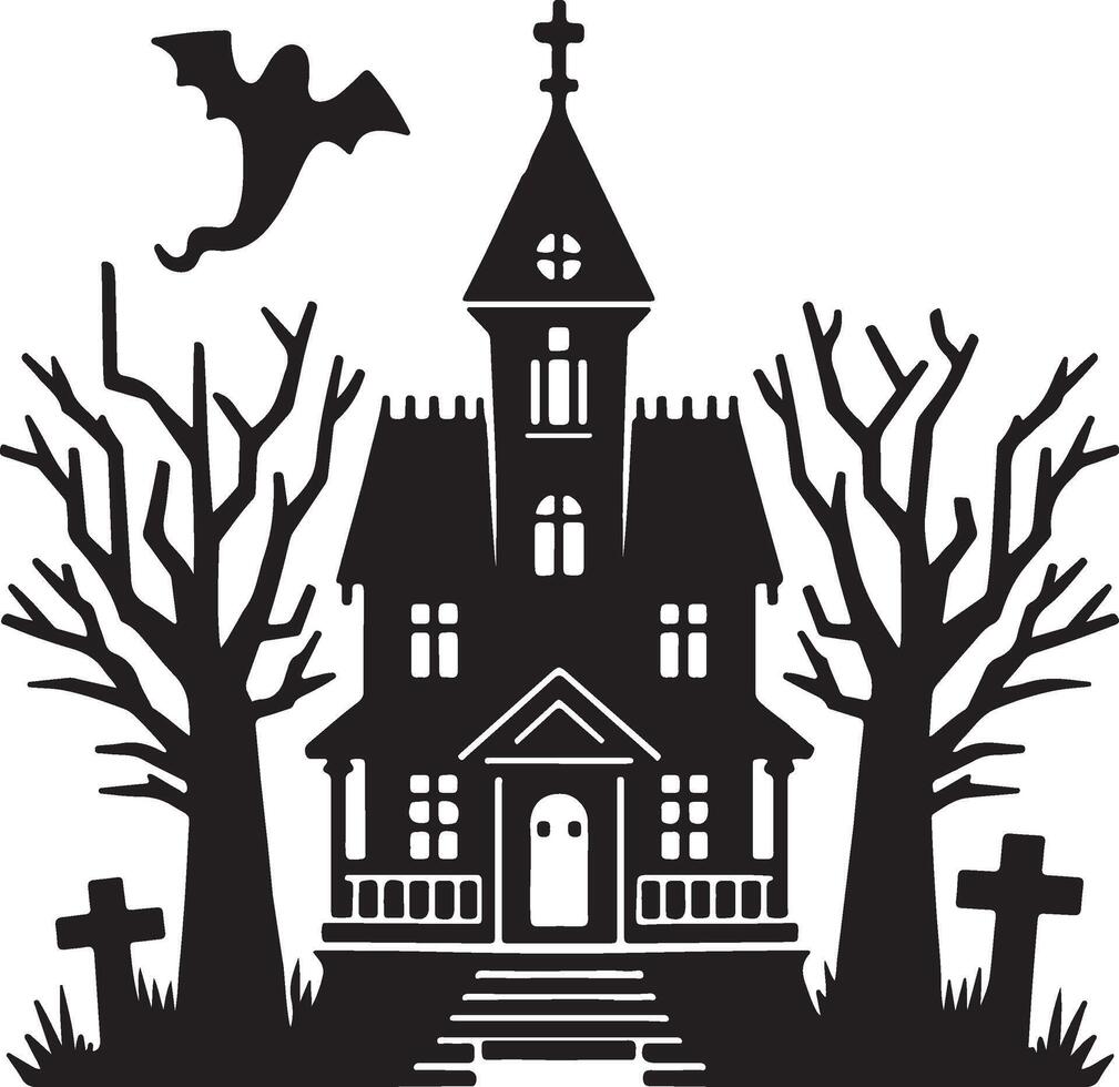 Halloween house with bats and bats in the trees vector