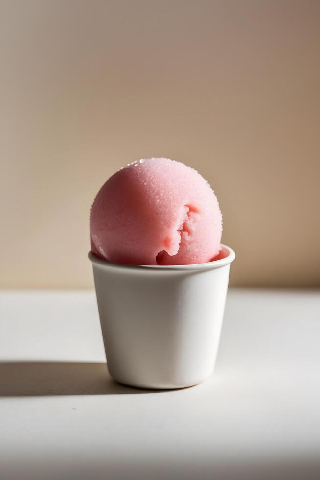A Single Scoop of Pink Ice Cream in a White Cup photo
