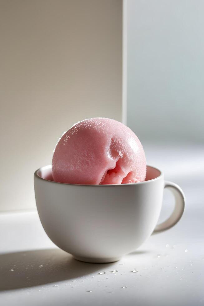 A Single Scoop of Pink Ice Cream in a White Mug photo