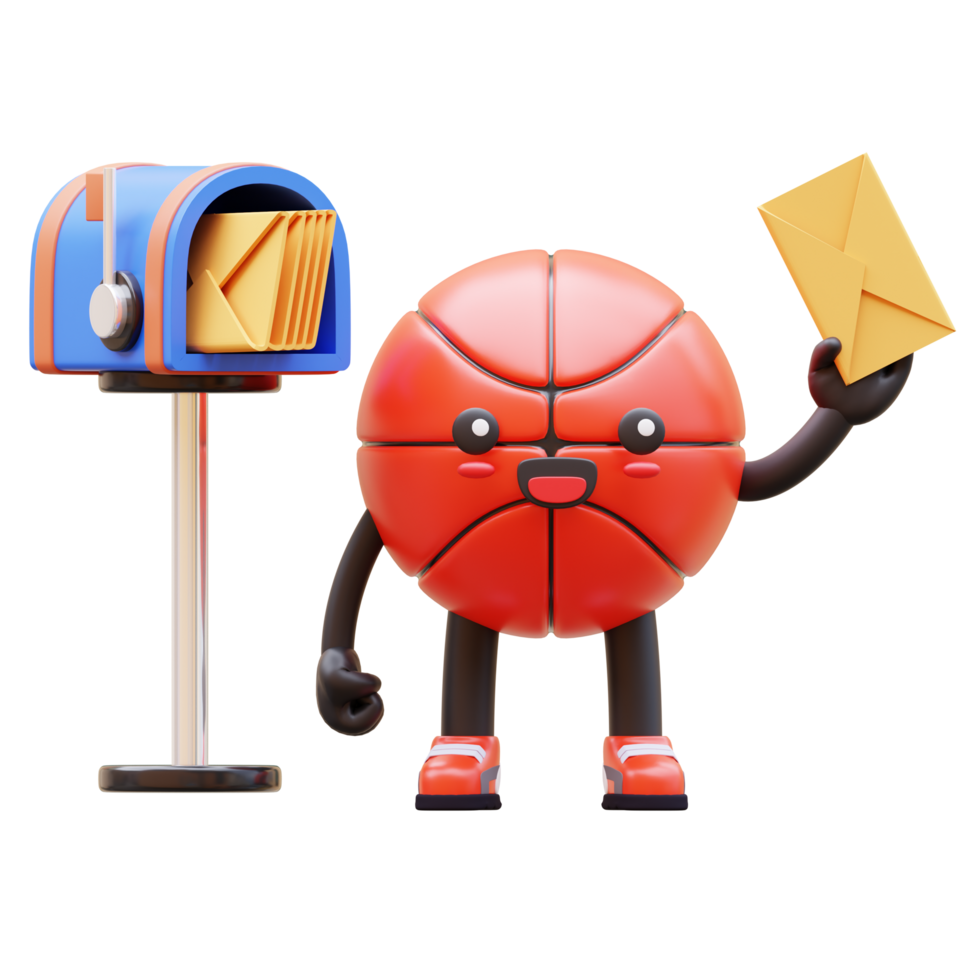 3D Basketball Character Holding Envelope Next To Mailbox Suitable For Communication And Business Messaging Concepts png