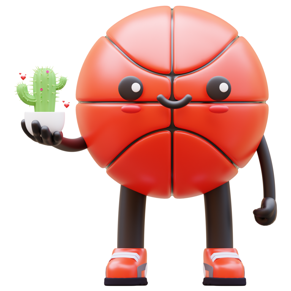 3D Basketball Character Holding A Cactus Plant Suitable For Gardening And Nature Conservation Concepts png