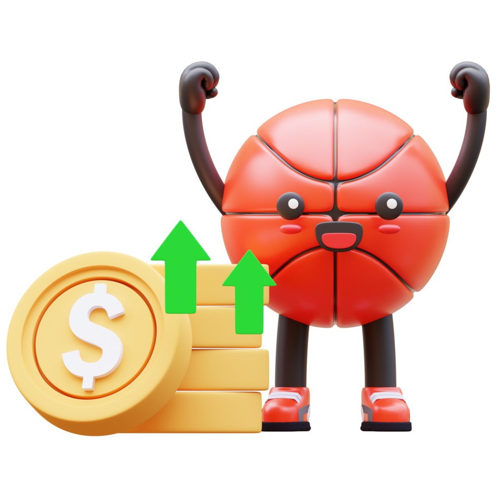 3D Basketball Character Standing Next To Increasing Coin Stack Representing Business Profit Suitable For Financial Content And Business Promotions png