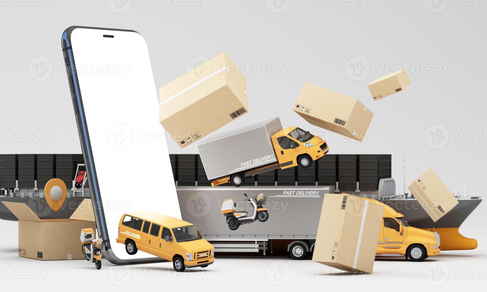 An advanced logistics and delivery network featuring cargo ships trucks vans scooters and an airplane showcasing efficient and fast transportation for global supply chain solutions 3d rendering photo