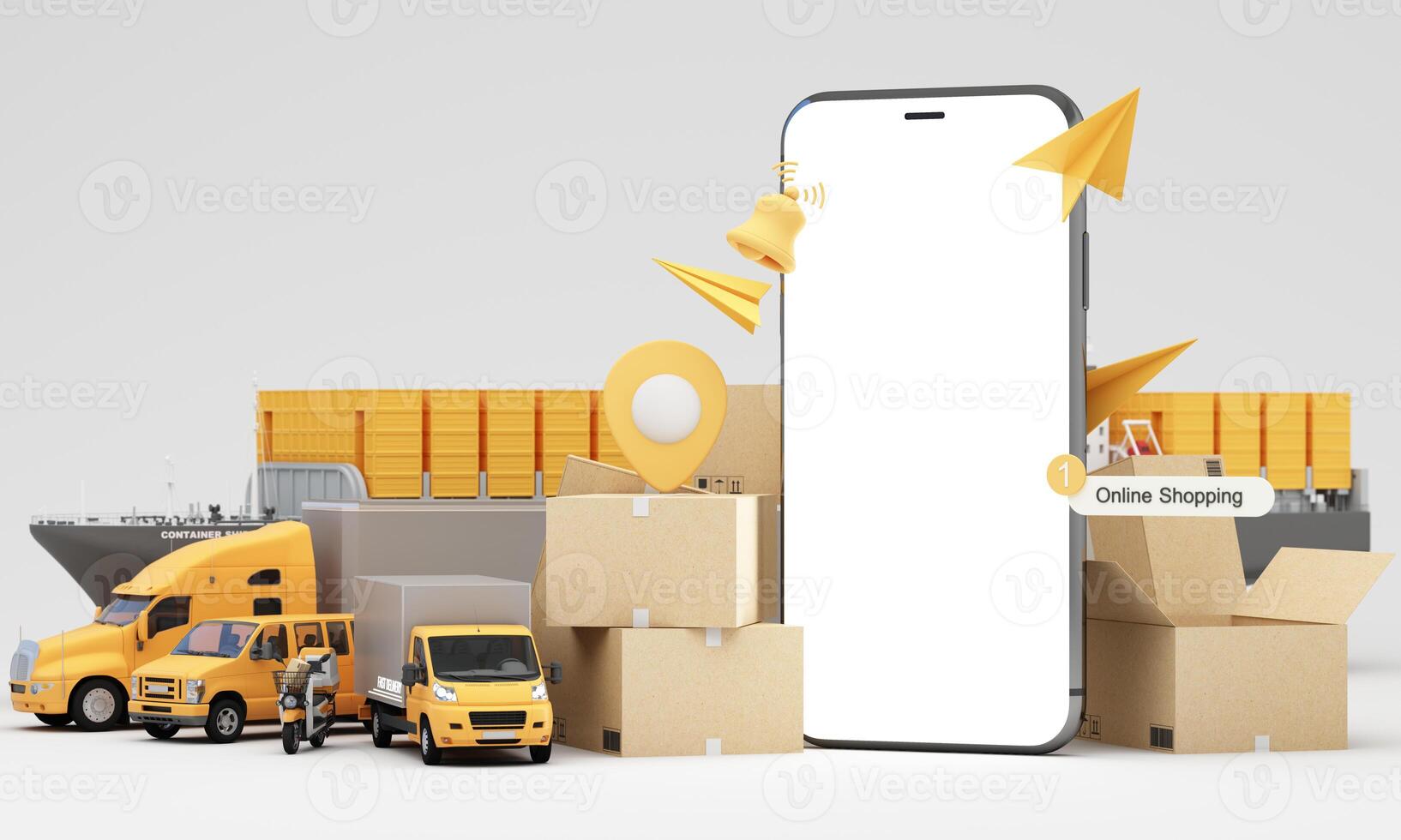 An advanced logistics and delivery network featuring cargo ships trucks vans scooters and an airplane showcasing efficient and fast transportation for global supply chain solutions 3d rendering photo