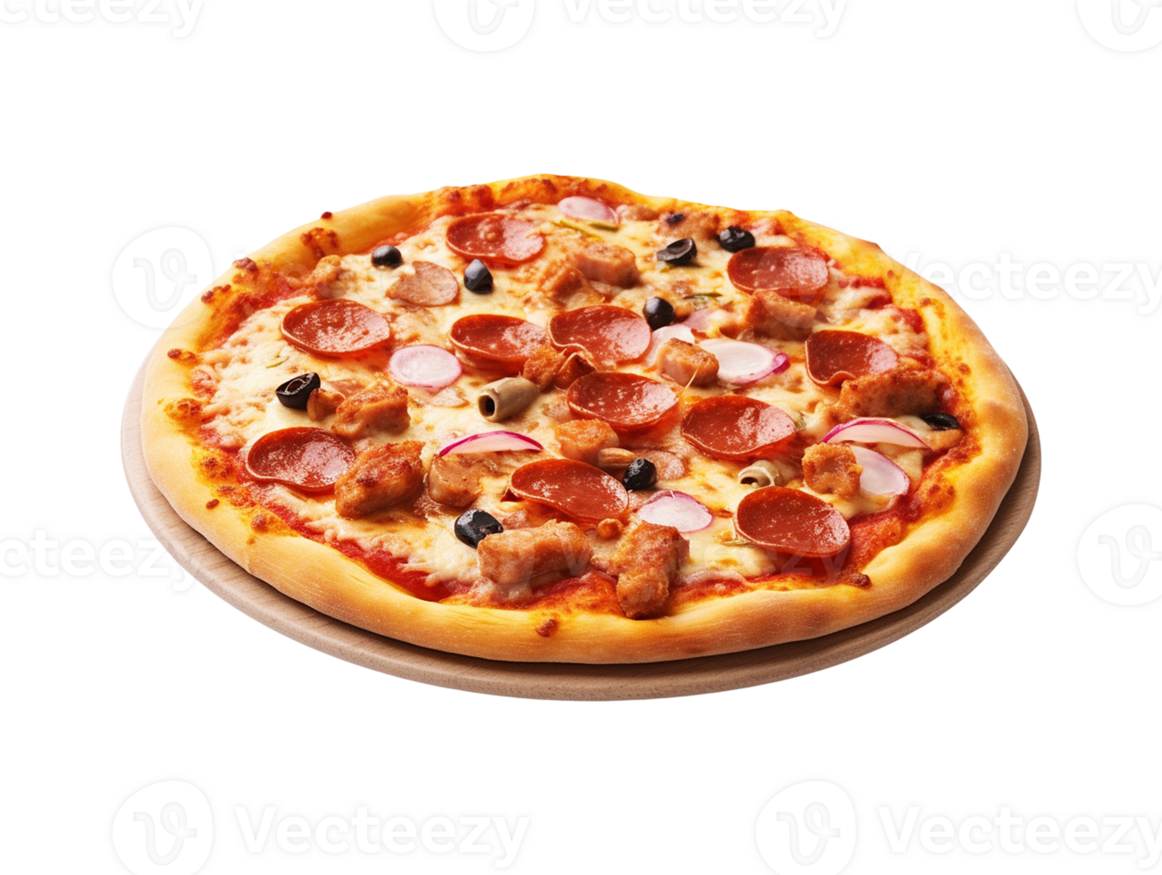 A pizza on a plate with pepperoni and olives png