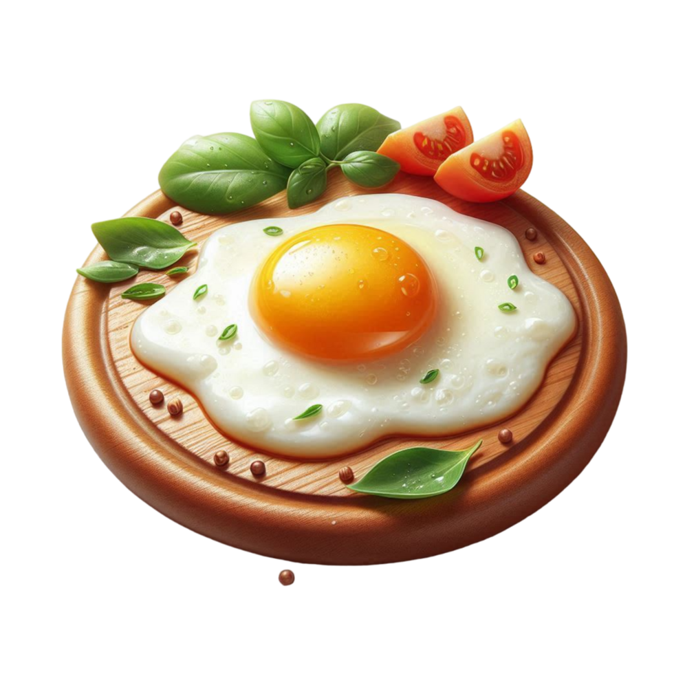 fry egg with tomato and leaves on a wooden plate isolated on transparent background png