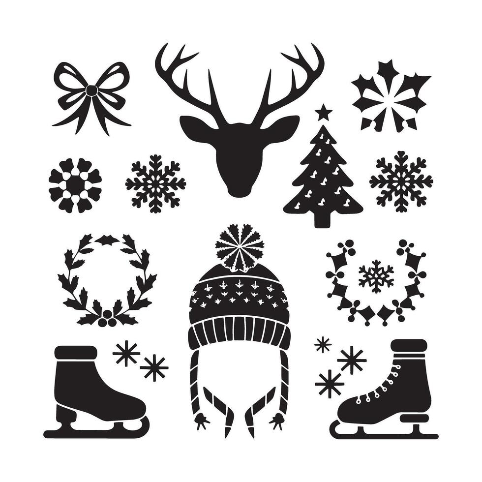 Christmas icons set with snowflakes, hats, skates and other items vector