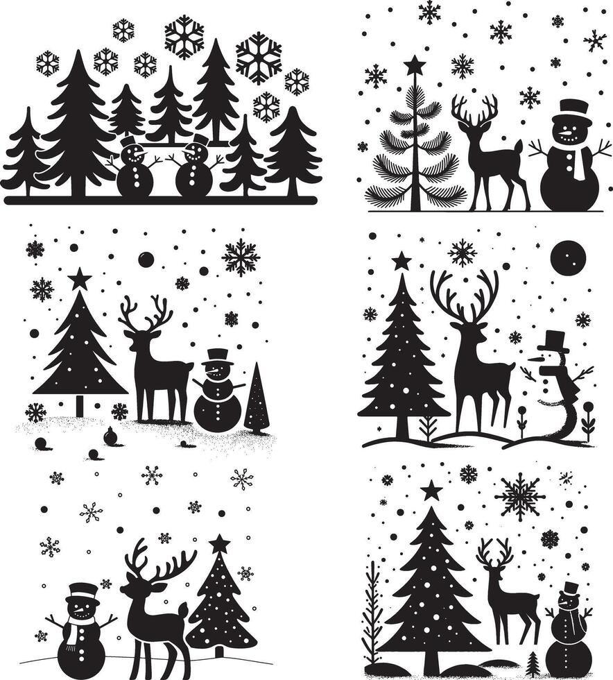 Christmas tree, snowman, deer, fir tree, snowman, snowflakes, vector
