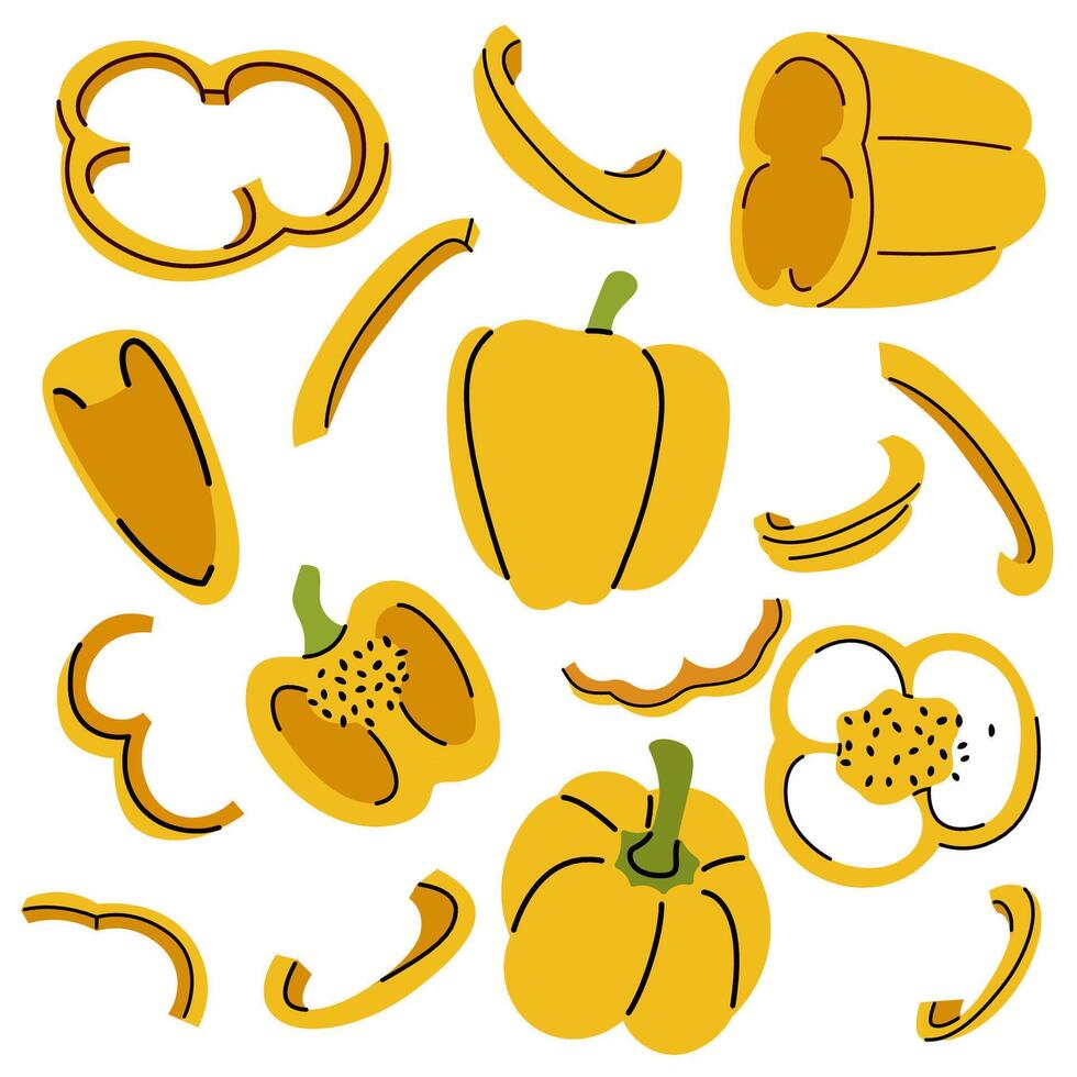 Collection of yellow bell pepper slices and cross sections in flat style vector