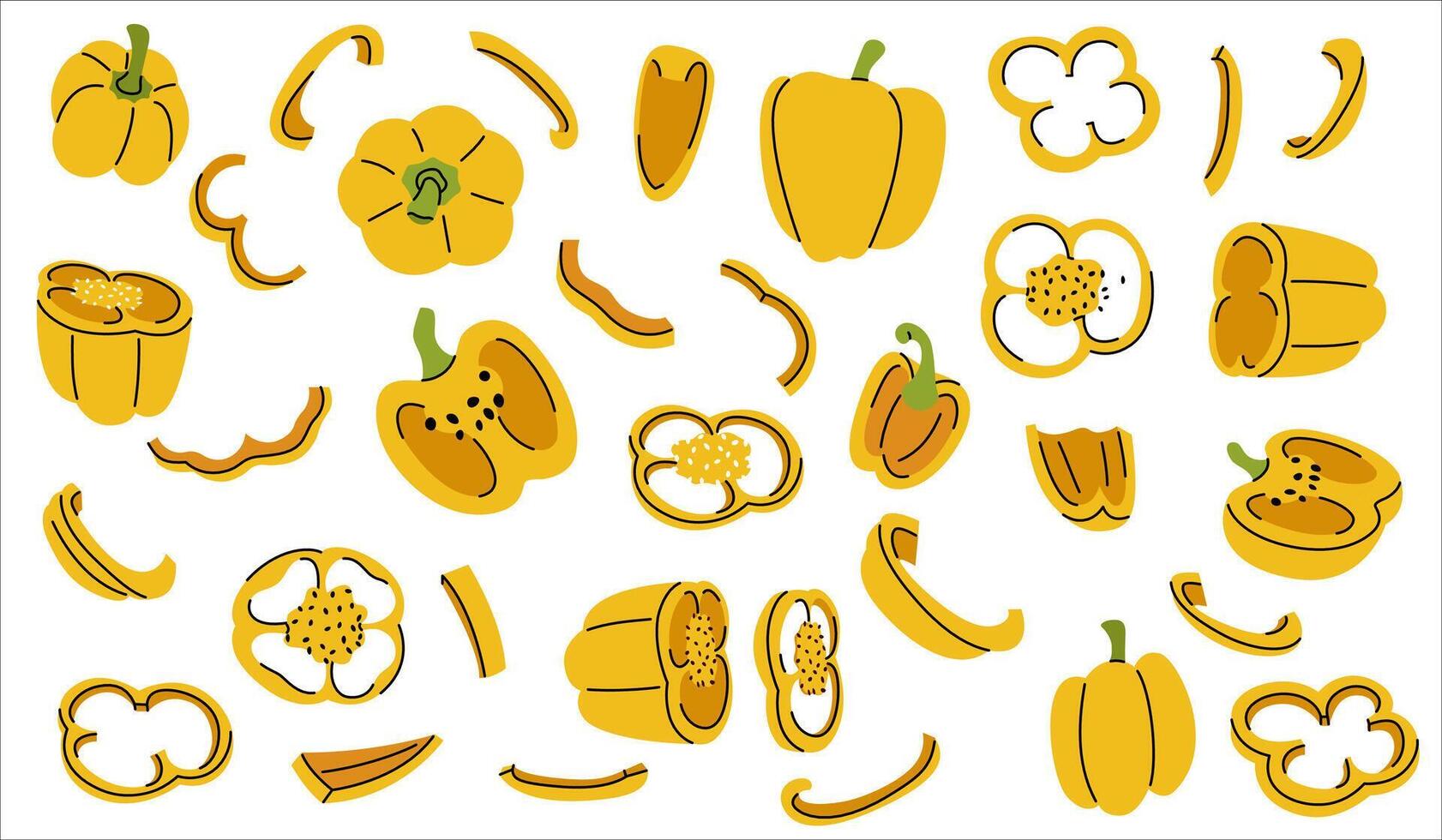 Creative set of a yellow bell pepper, with detailed slices, cut views, and full pepper illustrations for food art vector