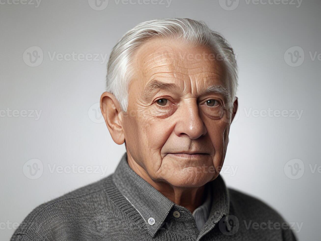 Studio photo of an elderly man with short gray hair on a gray background