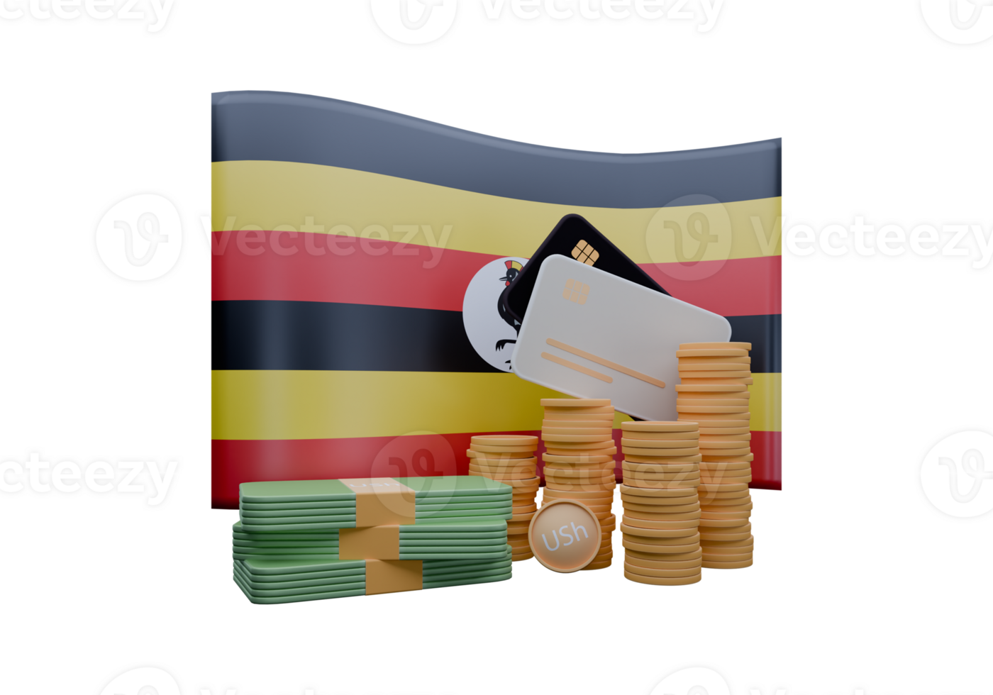 Dignified 3D render illustration of Uganda flag and currency called Shilling png