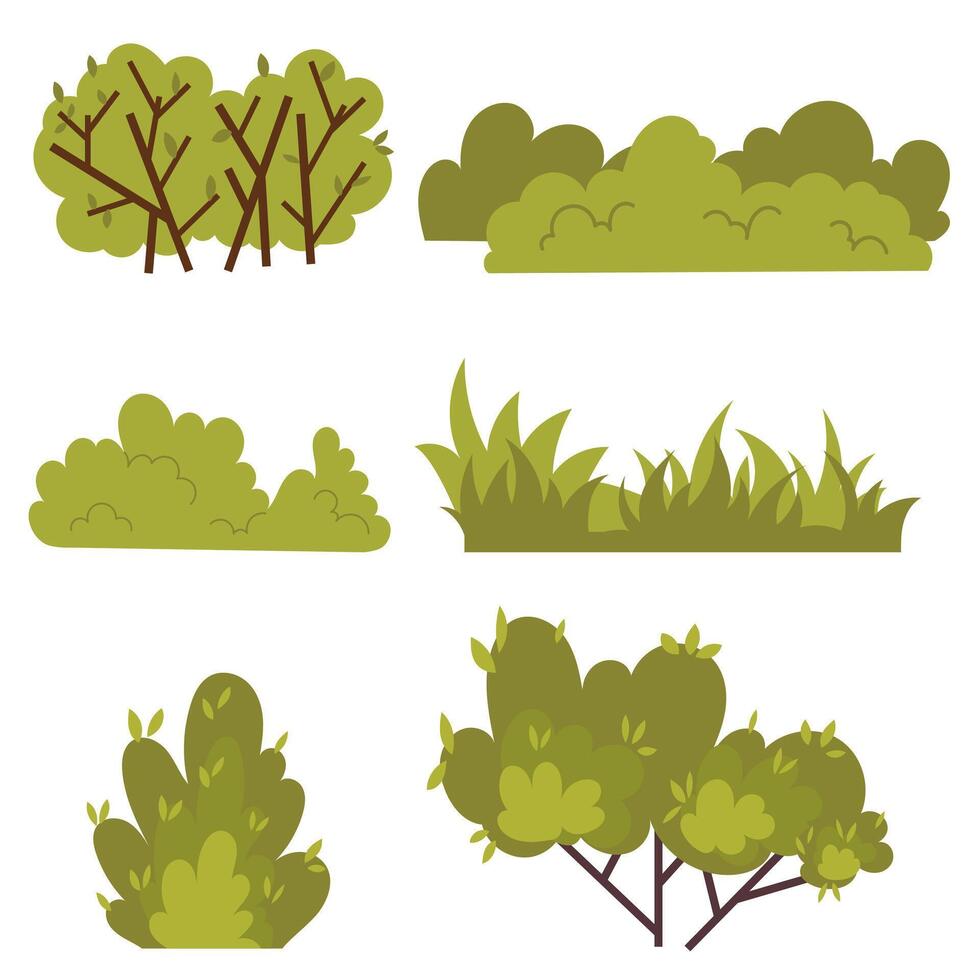 Set of bushes, trees, grass, greenery. vector