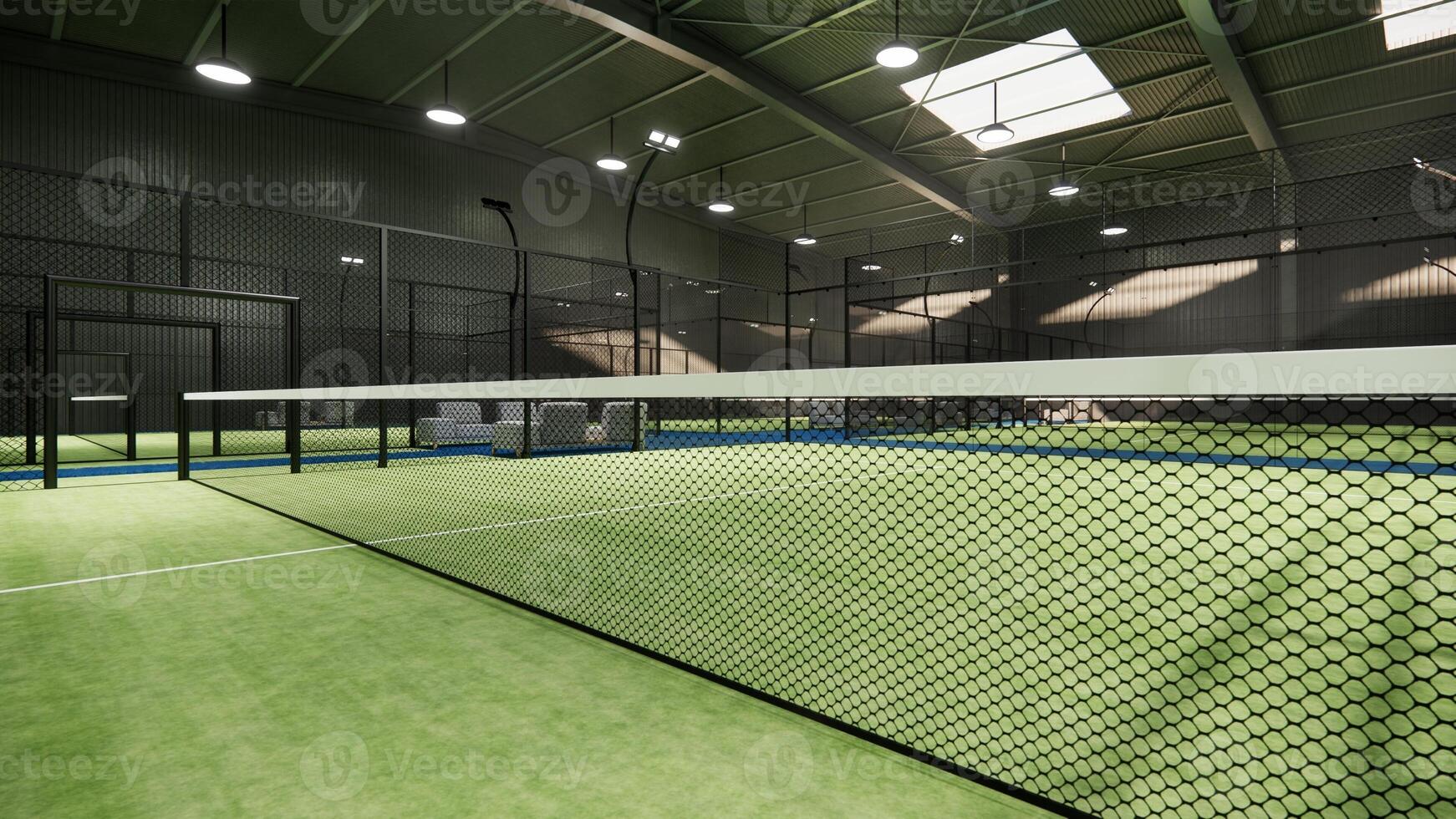 Closeup Padel Paddle tennis net on green surface. inside hangar building photo