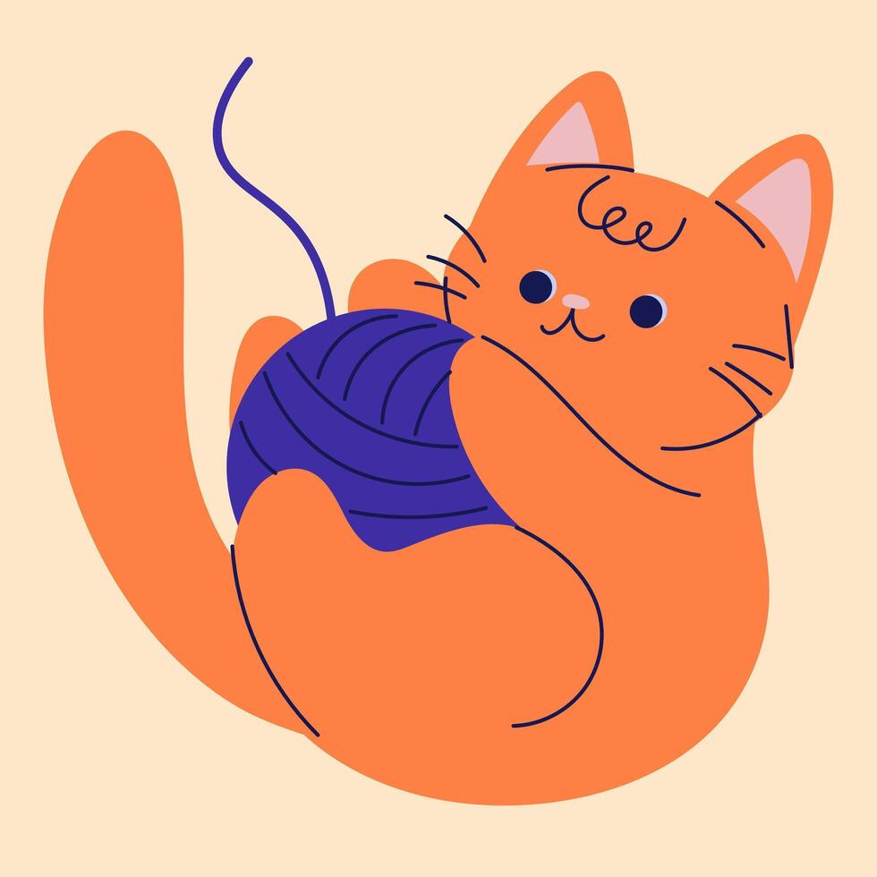 A red cat is playing with a ball of blue threads vector