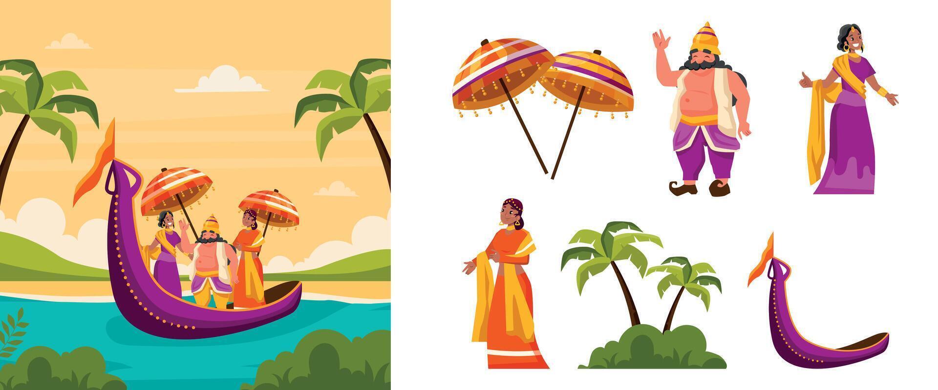 Hand drawn flat happy onum icons with illustration set vector