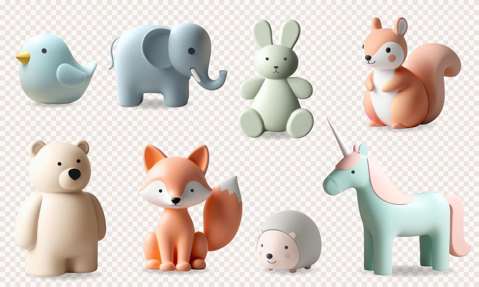3d rendering set with cute animals. 3d kids toys. Squirrel, bunny, unicorn, fox, elephant, hedgehog in pastel colors vector