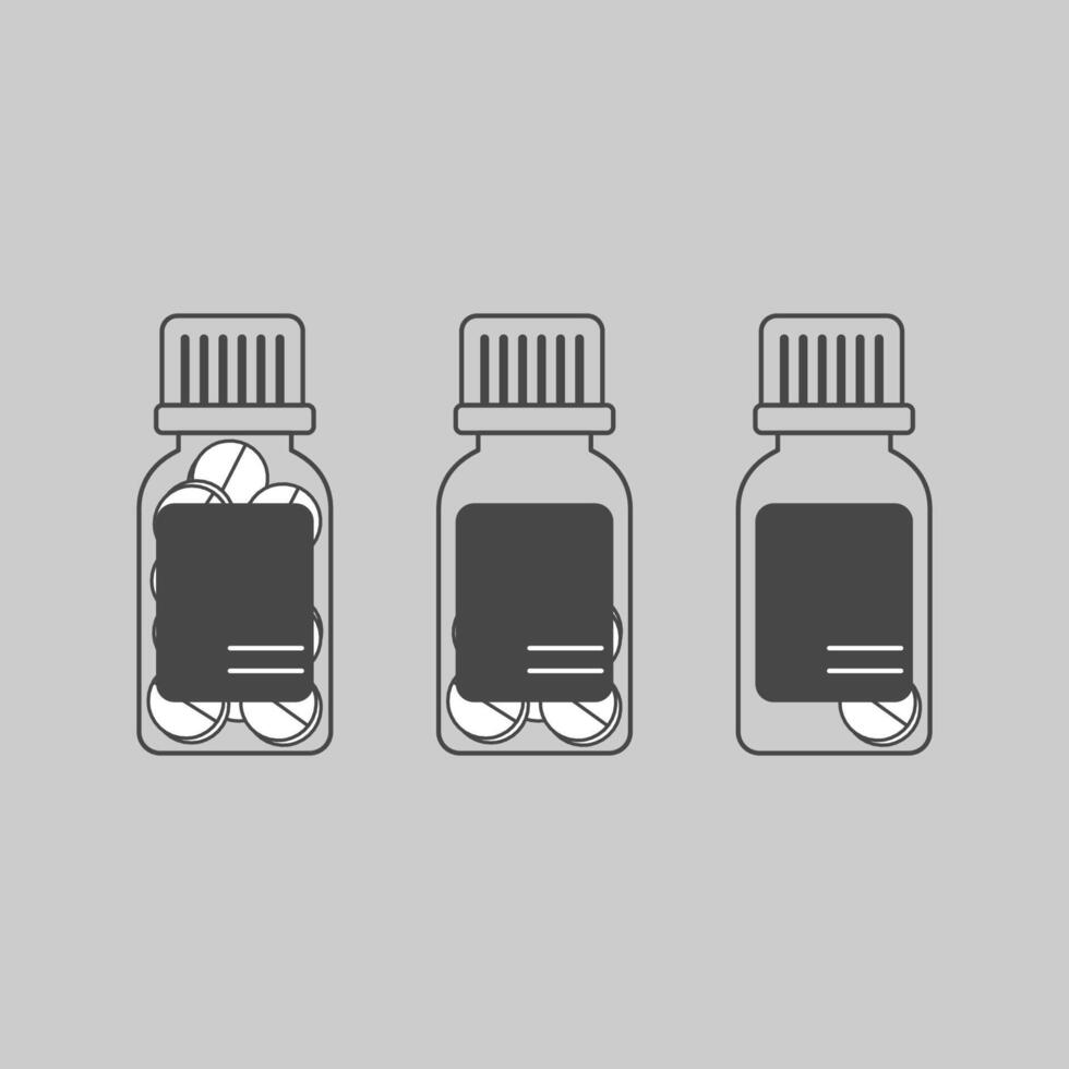 Set of three outlined transparent pill bottles, each containing different quantities of medicine vector