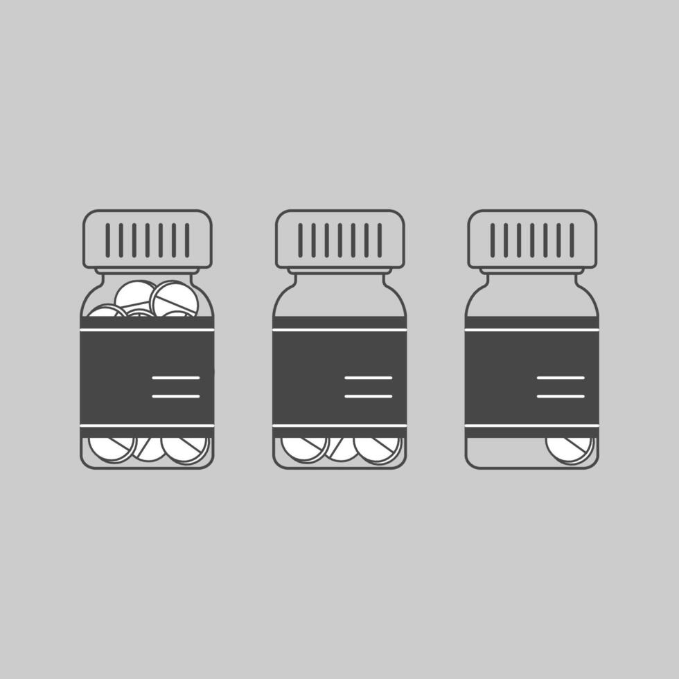 Minimalistic illustration of pill bottles in a row, filled with different amounts of drugs vector