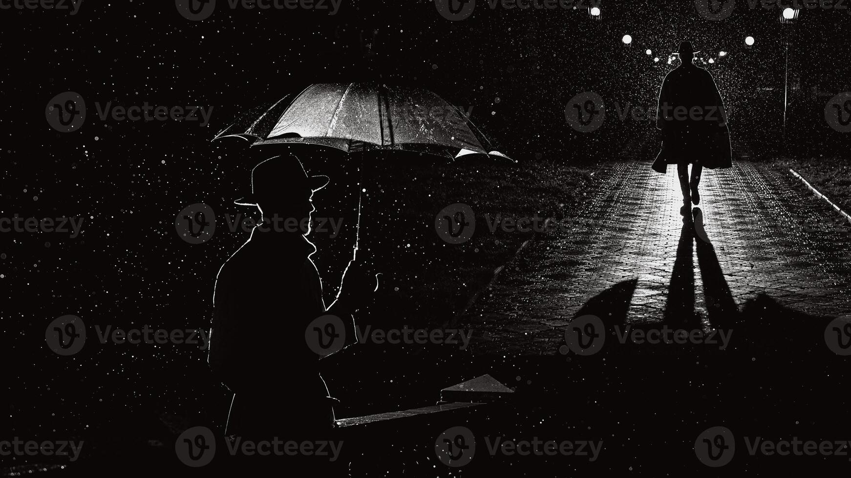 silhouette of a male detective spy in the style of film noir. Collage with a man in a raincoat and hat photo