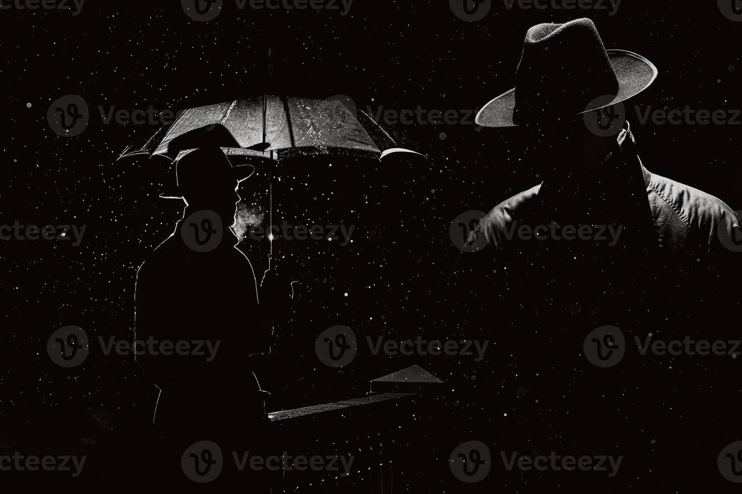 silhouette of a male detective spy in the style of film noir. Collage with a man in a raincoat and hat photo