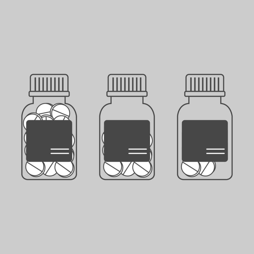 Transparent pill bottles with visible contents, presented in a minimalistic line drawing vector