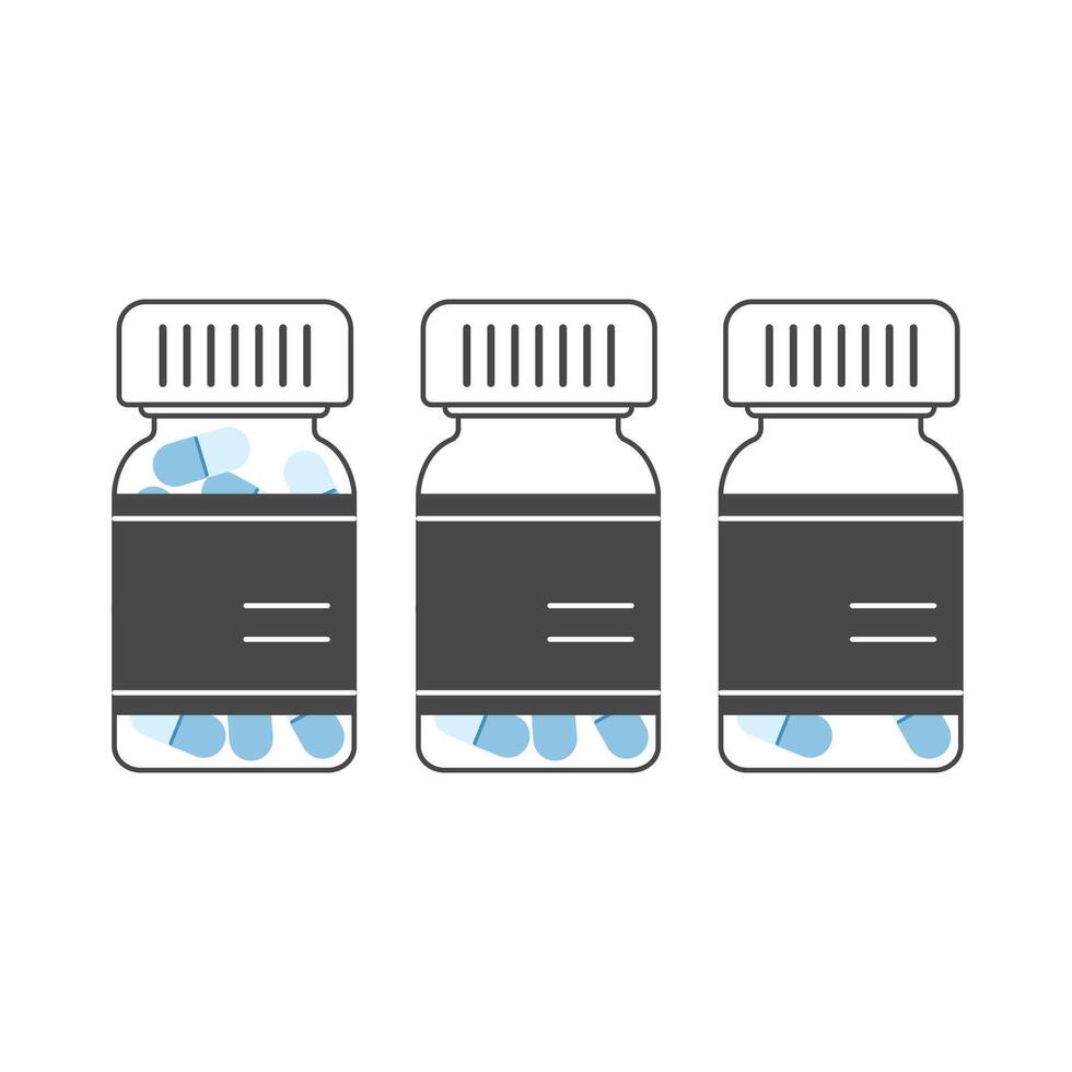 Minimalistic outlined illustration of pill bottles with blue capsules inside vector