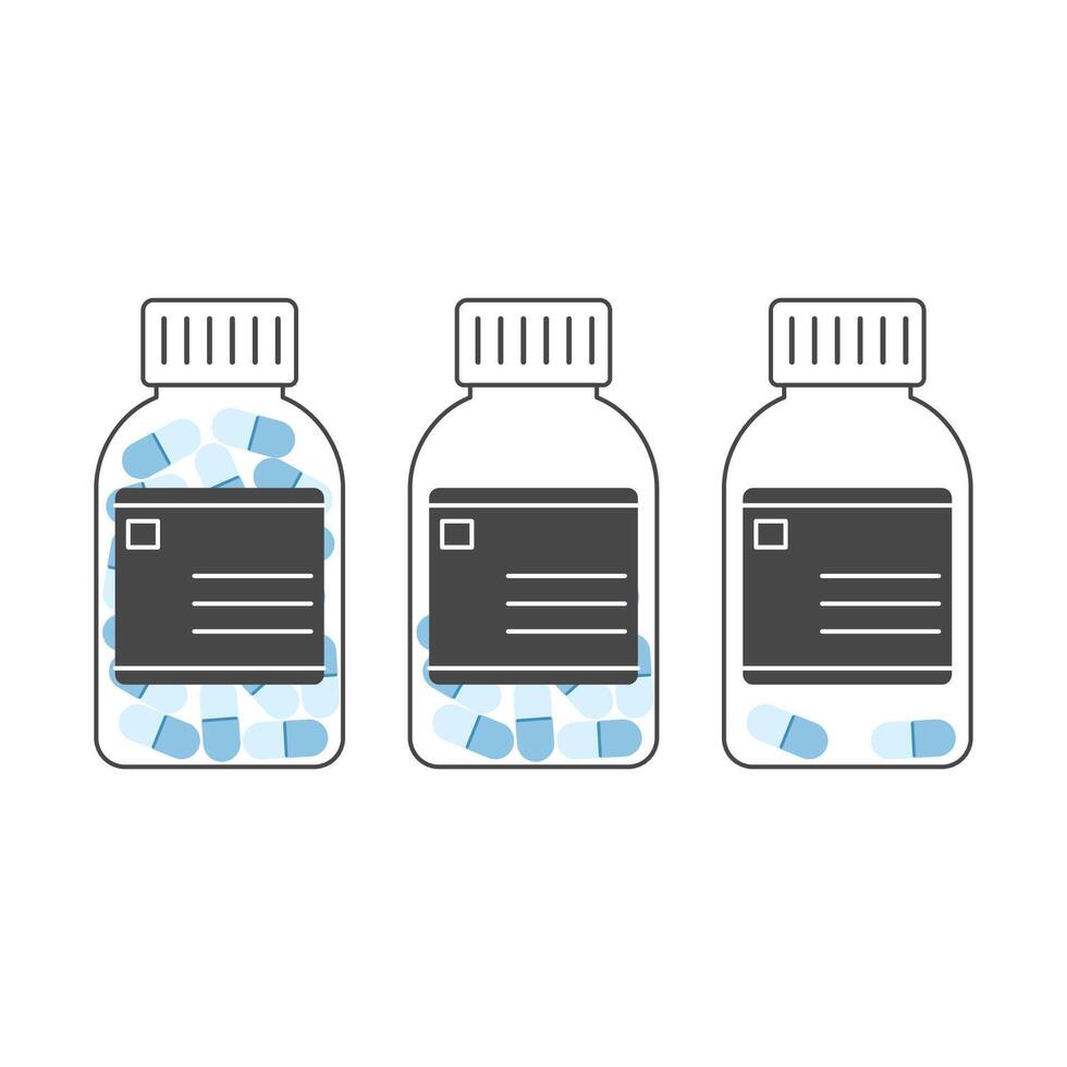 Three outlined pill bottles with blue capsules, arranged side by side in a simple style vector
