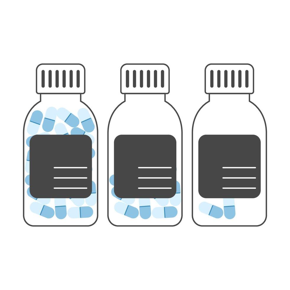 Outlined illustration of pill bottles with blue capsules inside on a white background vector
