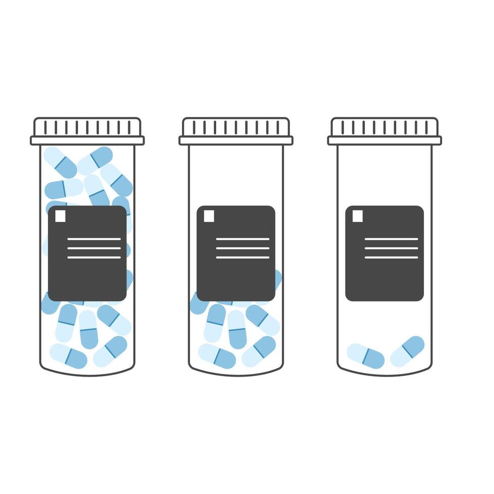 Outlined medical containers with varying amounts of blue capsules. Editable stroke vector