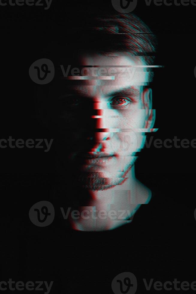 Black and white portrait of a man with glitch effect photo