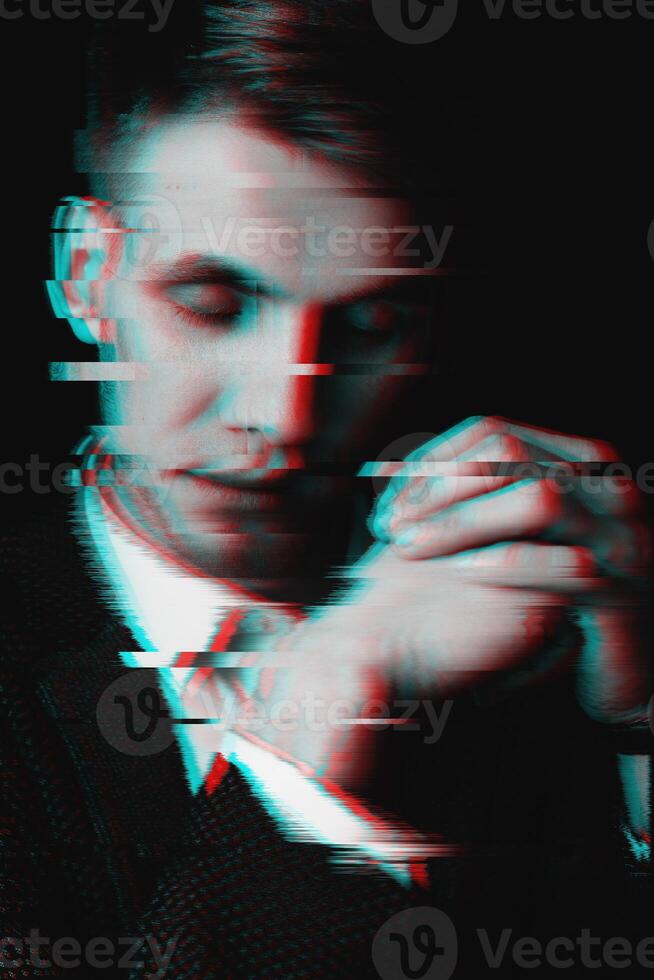Black and white portrait of a man with glitch effect photo