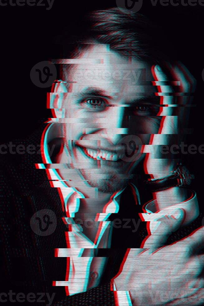 Portrait of Caucasian man. Black and white with 3D glitch virtual reality effect photo
