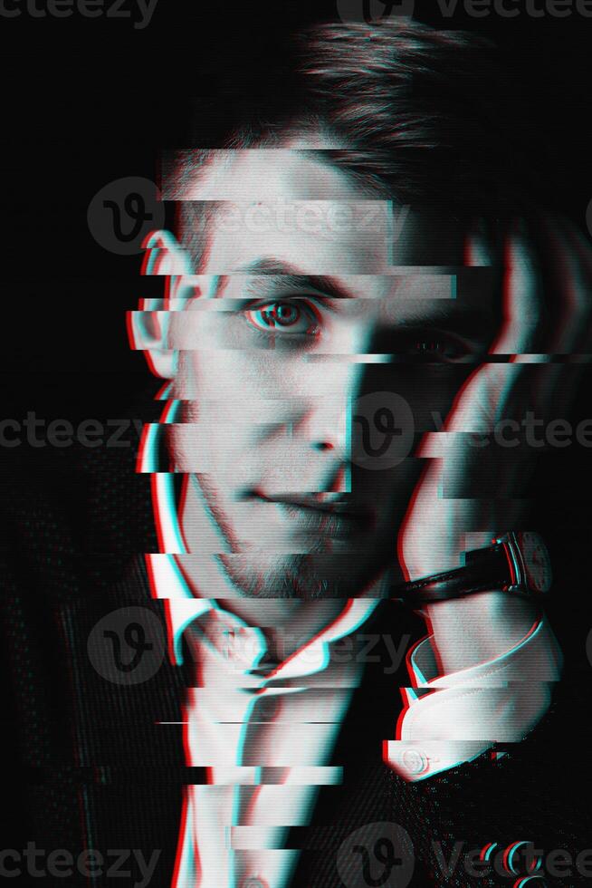 black and white portrait of a man with glitch effect photo