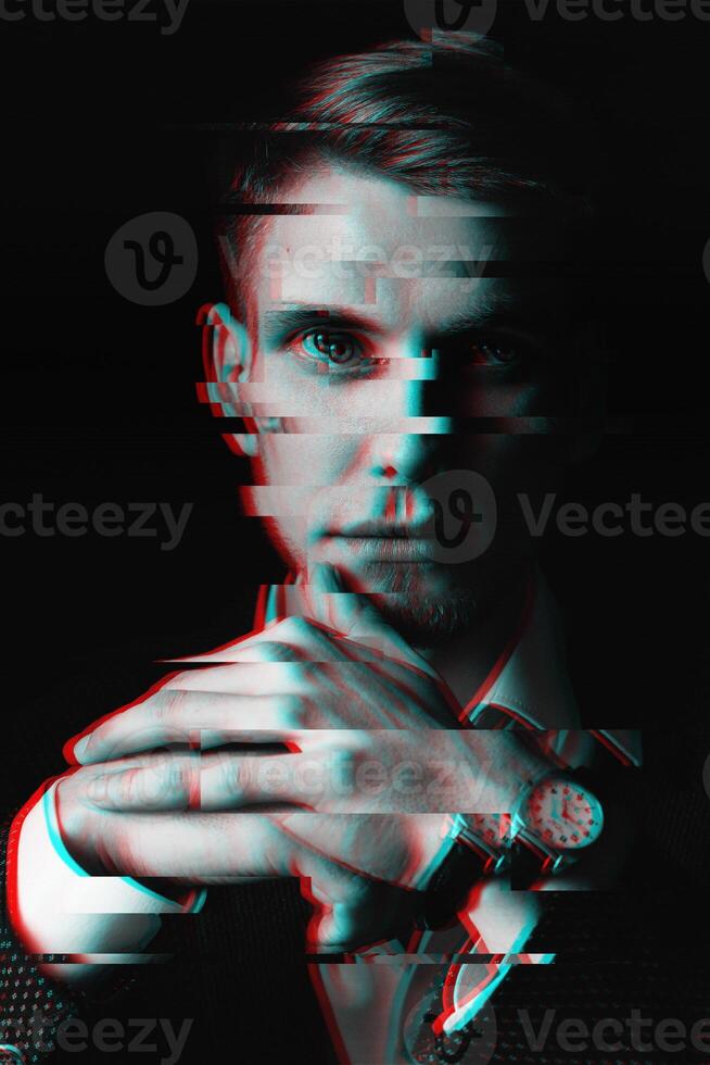 Black and white portrait of a man with glitch effect photo