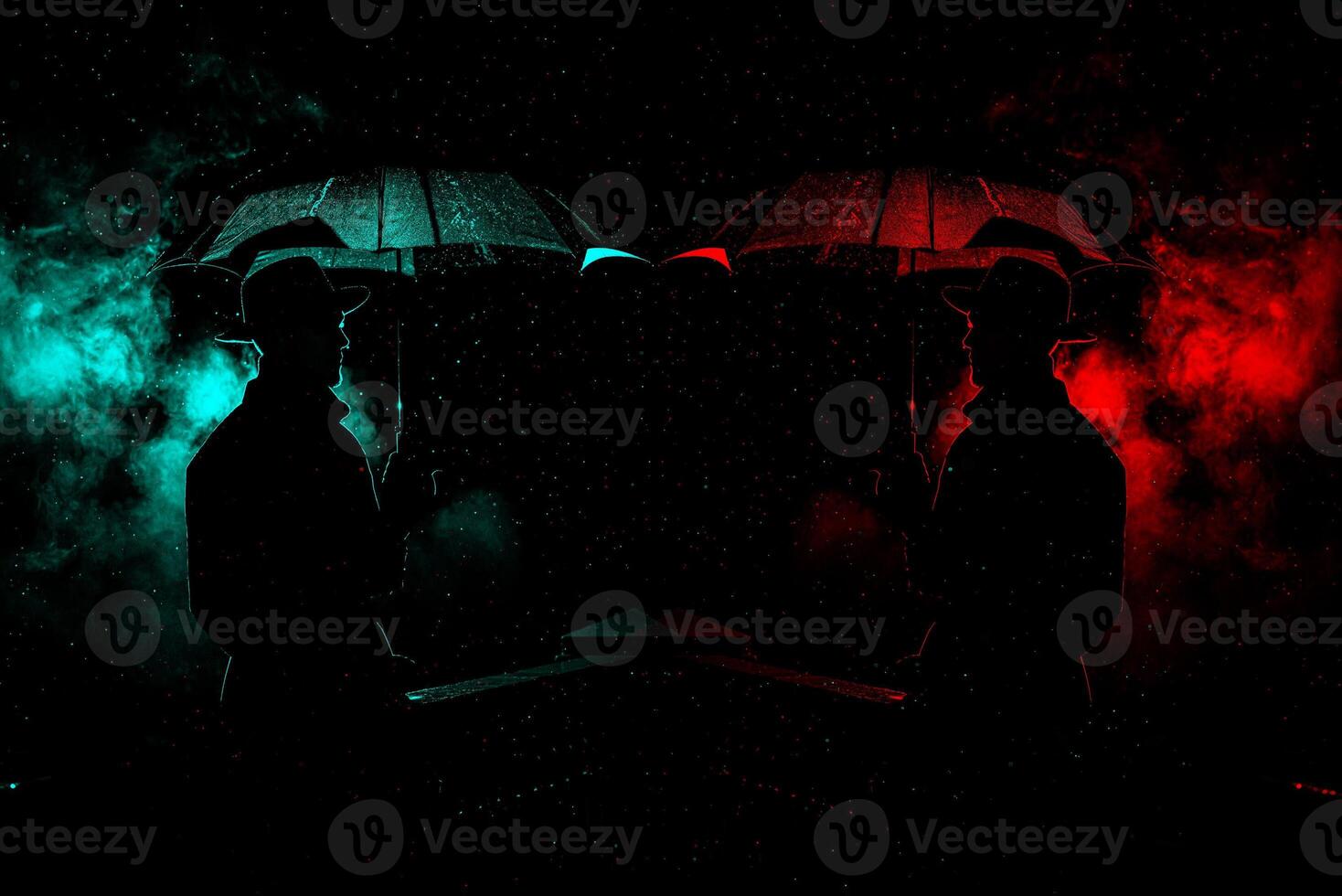 silhouette of a man in a hat under an umbrella at night in the rain in the city photo